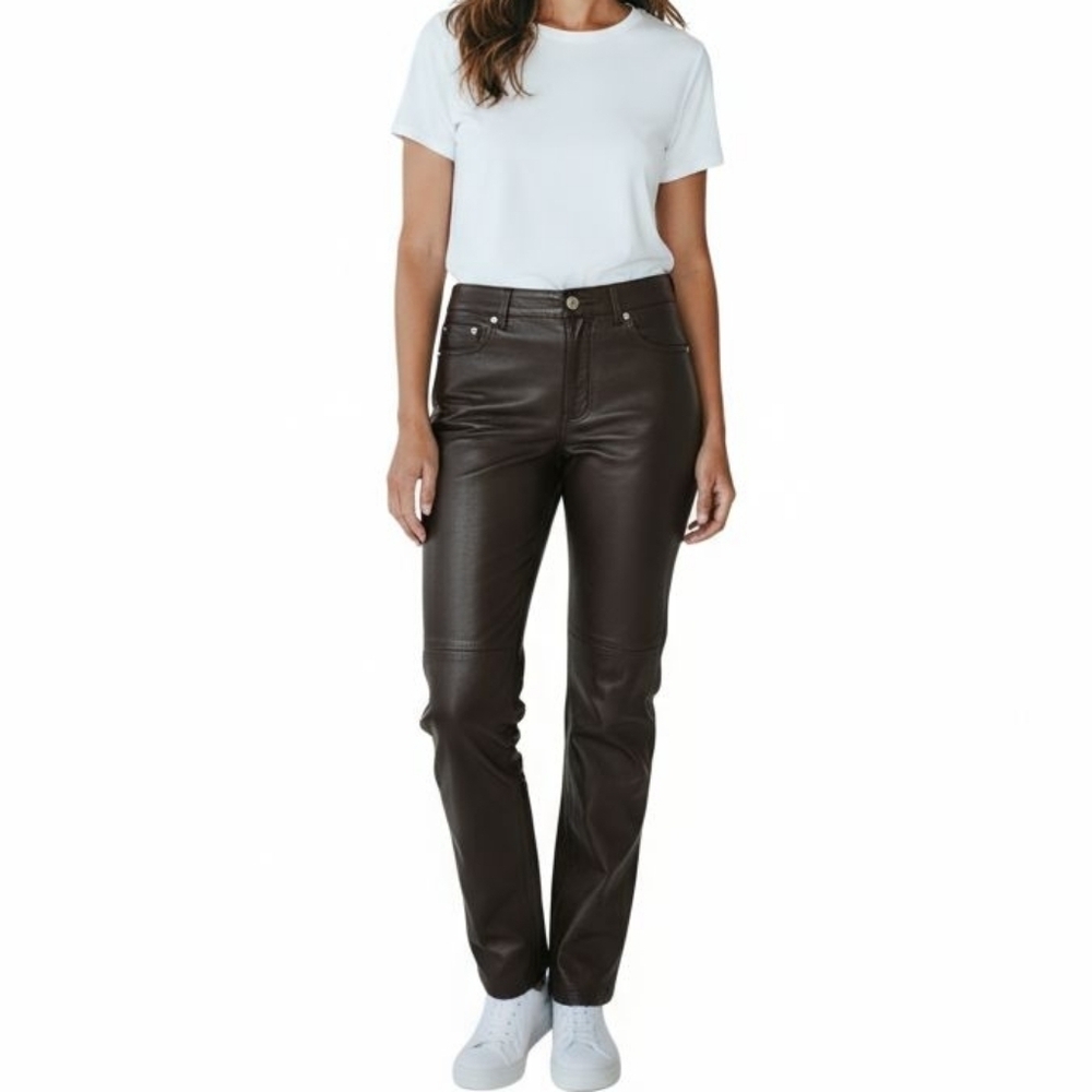 Newport News Mid Rise Leather Panel Straight Leg Pants In Hickory Brown Size 4